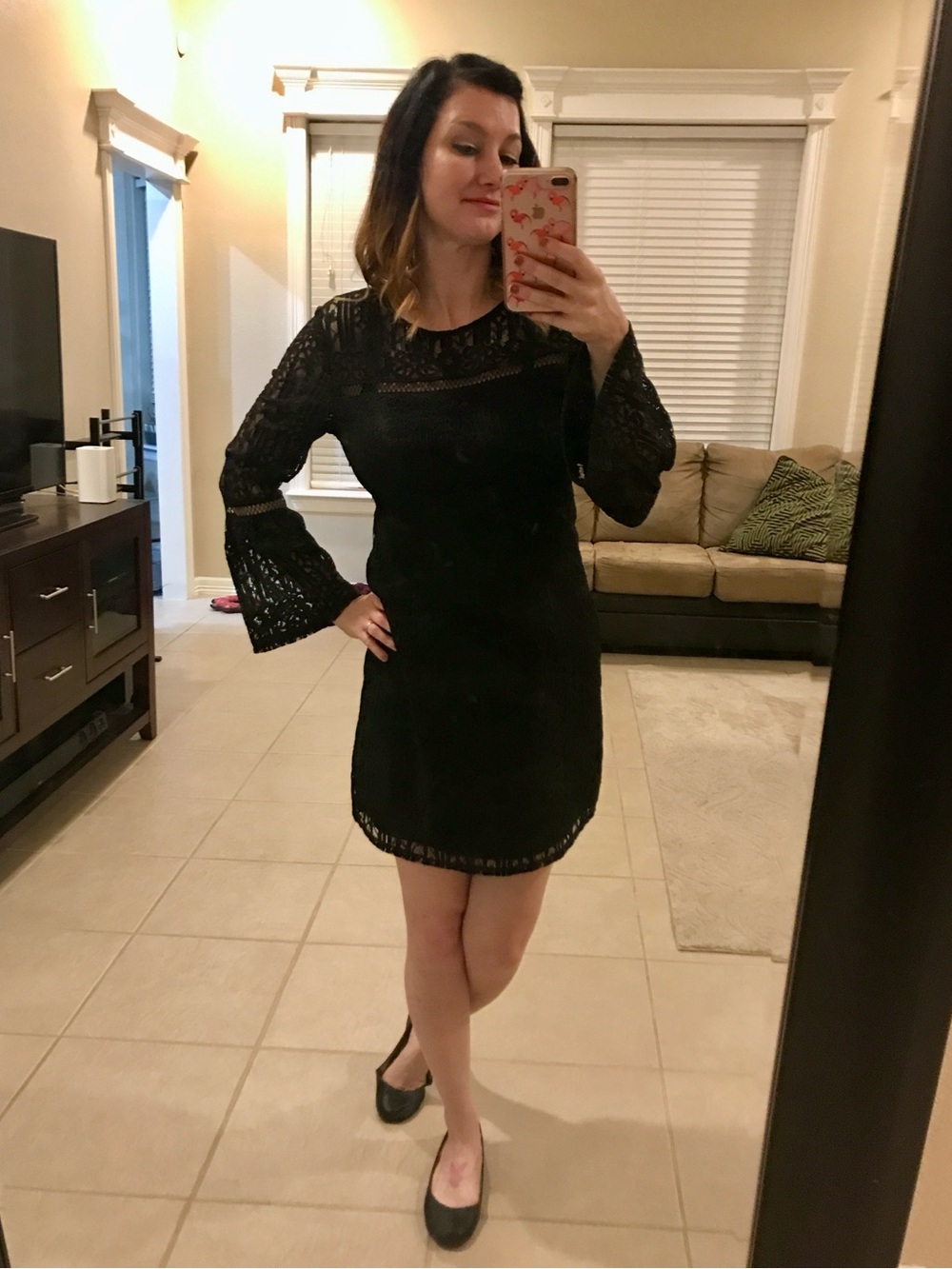 Xhilaration Black Lace Bell Sleeve Shift Dress